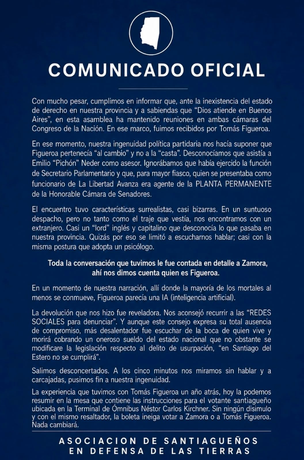 Comunicado de la "Asociación de santiagueños en defensa de las tierras"